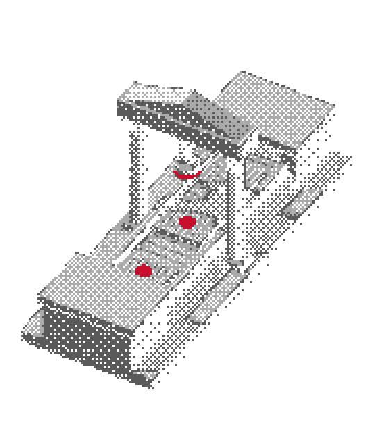 Máquina automática en pixel art procesando piezas en una cinta
