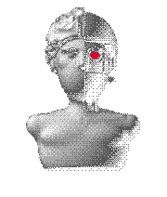 Busto clásico en pixel art, mitad escultura y mitad máquina con un ojo rojo