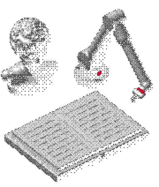 Busto en pixel art observando cómo un brazo robótico pasa las páginas de un libro abierto